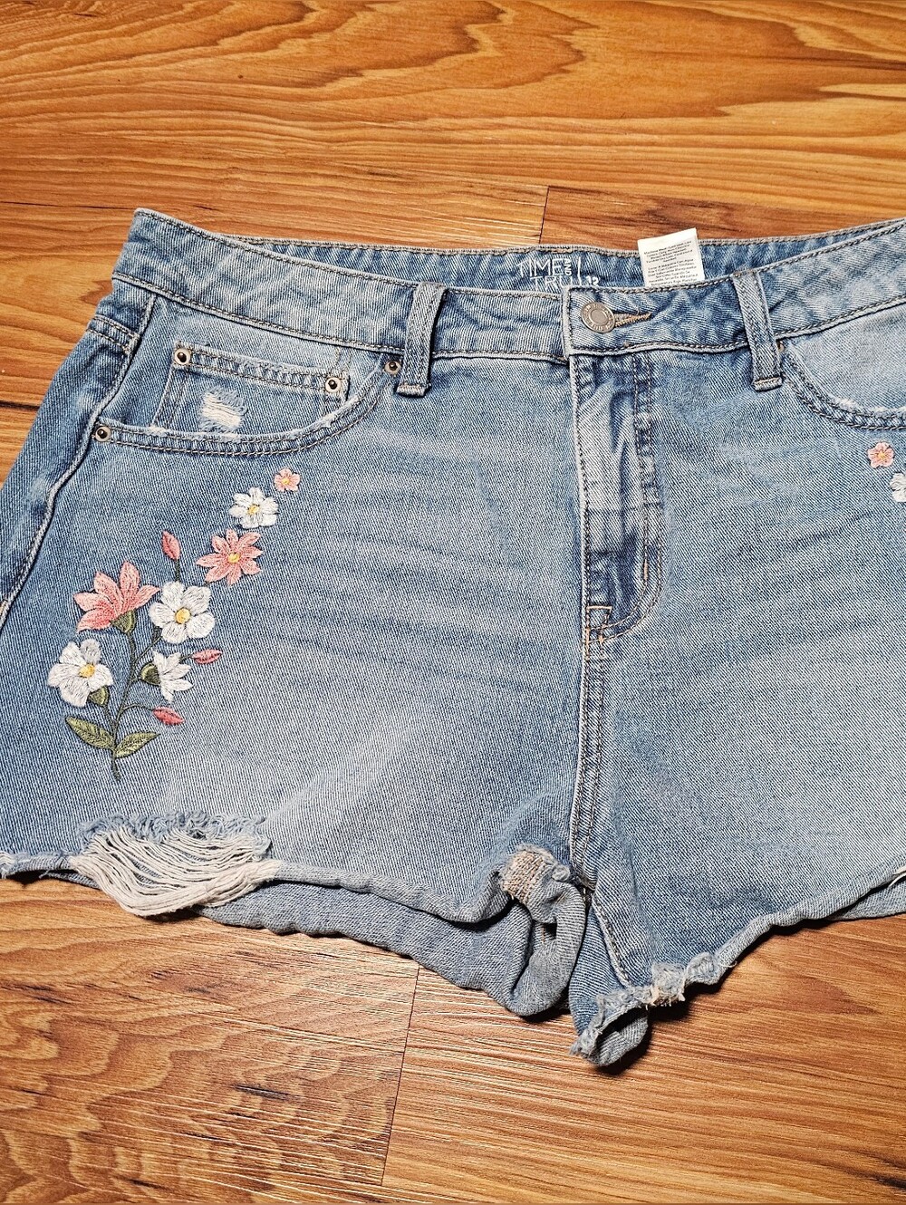 Time and Tru Light Blue Denim Shorts with Floral Embroidery